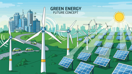Illustration depicting a vibrant green energy future concept featuring wind turbines solar panels electric cars and a modern cityscape in the background