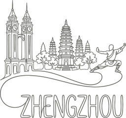 Fototapeta premium Zhengzhou city landmarks and kung fu monk vector illustration