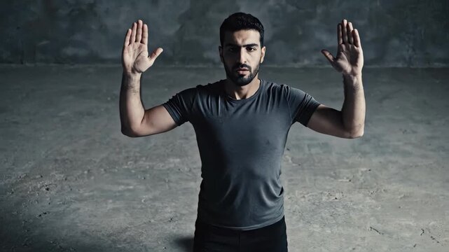 Serious man kneeling with hands raised. Young male gesturing surrender or prayer in a dramatic industrial setting. Submission concept