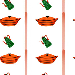 Seamless kitchen pattern with pots and stripes for textile design