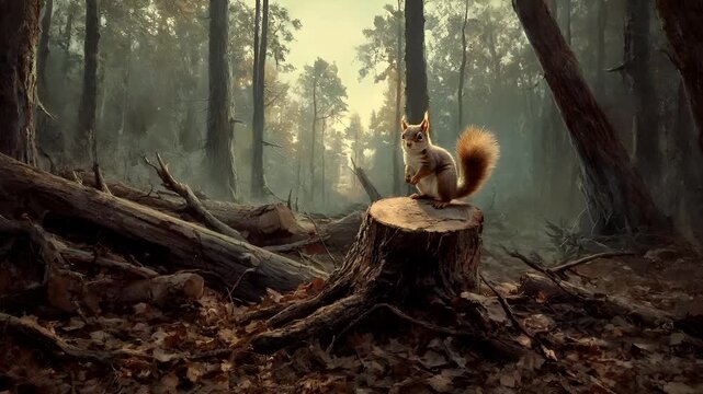 Deforestation. Environment conservation. Ecosystem. A vivid portrayal of a forest scene with a squirrel perched atop a tree stump. The squirrel is depicted in a realistic style.