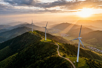 Wind Turbines on Mountain Ridge at Sunset