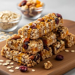 Close-up of granola bars with oats, nuts, seeds, and dried fruit on a wooden surface. A healthy, visually rich snack scene, perfect for healthy eating. AI generated.