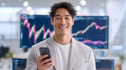 Smiling Asian professional in a light blazer holds a smartphone while standing in front of multiple computer monitors displaying real time financial market data and charts