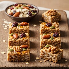 Close-up of granola bars with oats, nuts, seeds, and dried fruit on a wooden surface. A healthy, visually rich snack scene, perfect for healthy eating. AI generated.