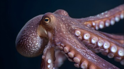 Fototapeta premium Detailed close up of a brown octopus showcasing its textured skin and numerous suction cups on its tentacles underwater