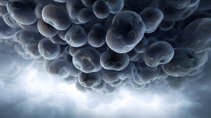 A dense cluster of dark translucent bulbous organic forms suspended against a bright atmospheric cloudy sky