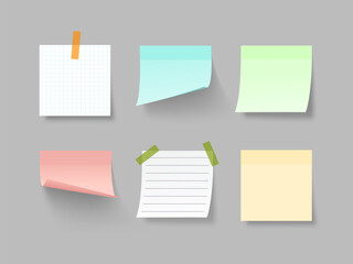 Vector set of colorful sticky notes with shadows, tape, lined and grid paper. Realistic blank paper sheets for reminders and office notes isolated on grey background.