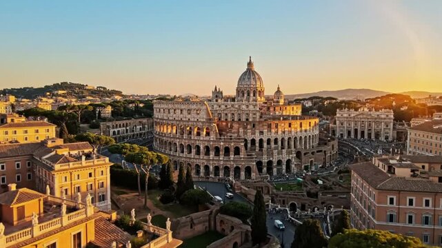 Breathtaking aerial view of the Colosseum and St Peter's Basilica during golden hour in Rome, Italy