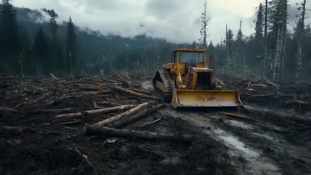 Deforestation. Environment conservation. Ecosystem. A yellow bulldozer in a forested area with a cloudy sky overhead.