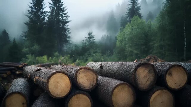 Deforestation. Environment conservation. Ecosystem. logs stacked in a forest clearing with misty background.