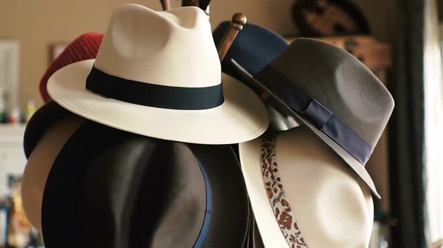 Pile of hats, including red beanie, straw hat, and fedora, indoors.