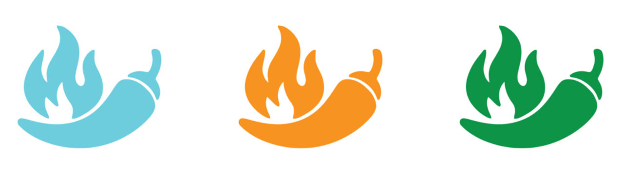 Spicy chili pepper flame icons in cyan, orange, green.
