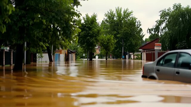 Natural disaster. Devastating loss aftermath scene. A car is submerged in a flooded street, with water splashing around it.