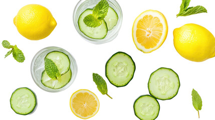 Fresh lemon and cucumber slices with mint leaves on transparent background