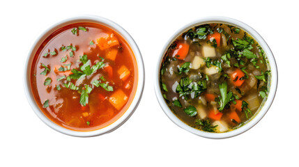 Two bowls of soup with vegetables