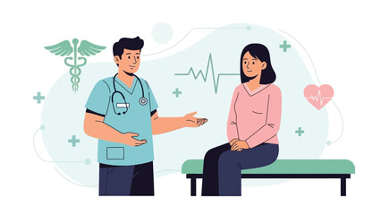 Male doctor wearing scrubs and stethoscope consulting with a female patient about heart rhythm and general wellness in a clinical setting