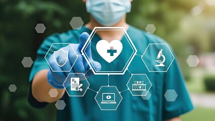 Healthcare professional interacting with digital medical interface outdoors