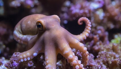 Close-up of a small octopus camouflaged among vibrant coral in an underwater environment.