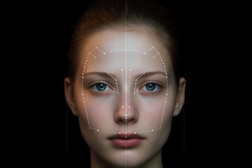 Woman's portrait displaying a digital overlay measuring biometric facial data on a dark background