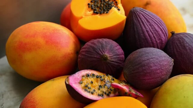 Close-up shot of a colorful collection of ripe tropical fruits, showcasing their natural beauty and freshness. Ideal for healthy lifestyle content, food blogs, or culinary projects.