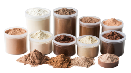 Different Protein Powder Set in Different Containers on White Background for Fitness and Nutrition Concept