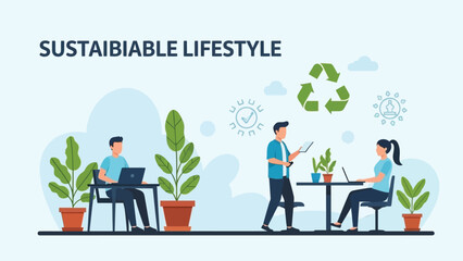 People working in a modern office setting surrounded by greenery and abstract symbols promoting a sustainable lifestyle concept for environmental awareness
