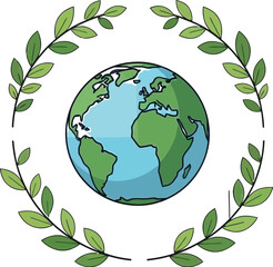 Simple illustration featuring the planet earth cradled gently within a circular border made of delicate green laurel leaves symbolizing global peace and nature conservation efforts