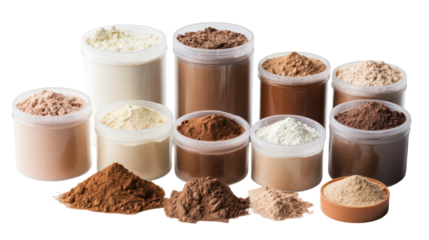 Different Protein Powder Set in Different Containers on White Background for Fitness and Nutrition Concept