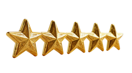Five golden stars represent rating concept symbolizing quality excellence customer feedback and satisfaction level isolated on white background
