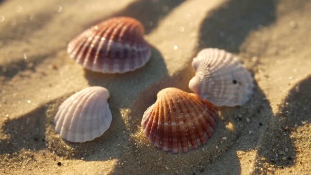 Close-up view of four diverse seashells nestled in sunlit golden sand. The natural textures and warm light evoke a peaceful, tranquil beach atmosphere, perfect for summer themes.