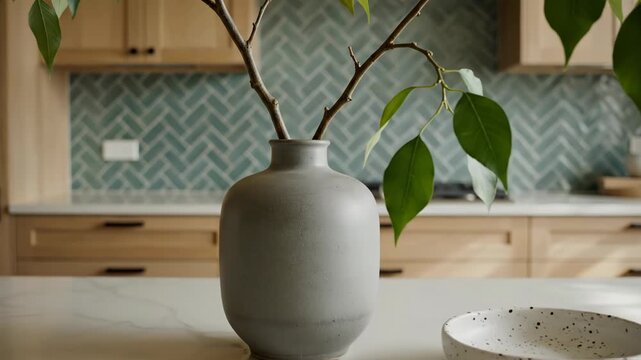 Vase with green leaves on a white marble kitchen countertop