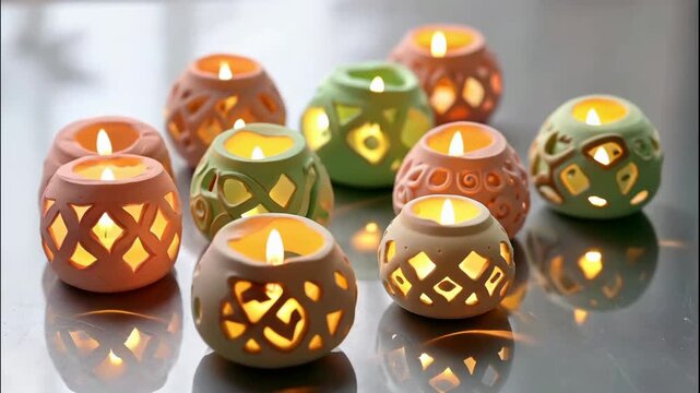 Decorative ceramic candle holders with intricate cut-out patterns illuminate a reflective surface.