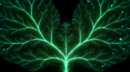 A digitally rendered abstract visualization of a symmetrical luminous green network evoking the intricate patterns of organic growth found in plant vascular systems or tree branches