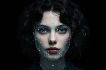 Woman's face with a digital mesh representing facial recognition and artificial intelligence