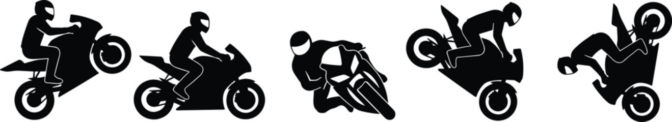 Motorcycle stunt rider silhouettes performing extreme tricks and racing maneuvers, showcasing speed, adrenaline, danger, professional motorsport skills, and dynamic action sport concept © Mst