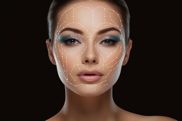 Woman's headshot showing facial mapping points for biometric identification and ai technology