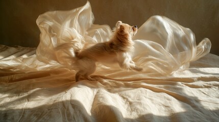 Dreamy dog portrait in flowing fabric light, dreamy dog portrait with soft artistic motion, dreamy dog portrait for emotional fine art concept