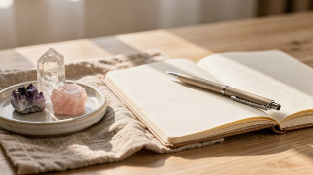 A serene workspace featuring crystals and a blank notebook, perfect for reflection and creativity.