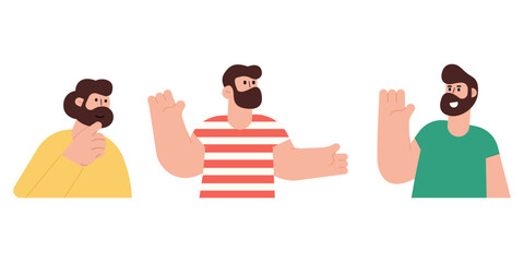 Flat modern illustration of male characters showing different hand gestures, including thinking, presenting, and greeting, representing communication, expression, and social interaction concepts.