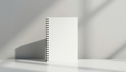 Blank Spiral Notebook Mockup Standing on Minimal White Surface with Soft Natural Light
