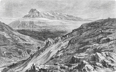 Rwenzori Mountains with glacial peaks and vegetation zones, 1899