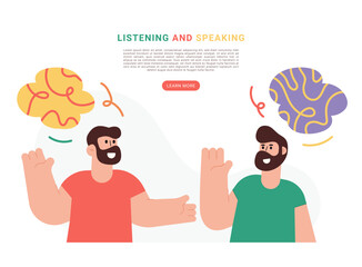 Flat modern illustration of two men communicating and exchanging ideas with hand gestures and abstract speech bubbles, representing listening, speaking, conversation, and effective communication conce