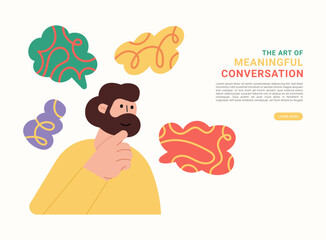 Flat modern illustration of a thoughtful man reflecting on ideas, abstract speech bubbles floating around, representing meaningful conversation, communication, thinking, and creativity.