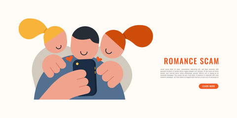 Flat modern illustration of a man using smartphone surrounded by fake lovers, representing romance scam, online dating fraud, cyber crime, and digital deception concept.