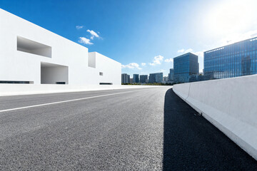 Urban Road with Modern White Buildings and Skyscrapers