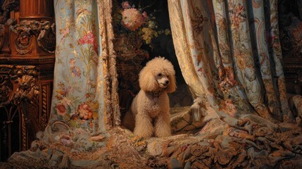 Dreamy dog portrait in flowing fabric light, dreamy dog portrait with soft artistic motion, dreamy dog portrait for emotional fine art concept