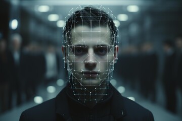 Man's face with a digital grid representing biometric scanning and artificial intelligence