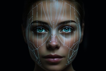Facial recognition technology scanning a woman's face on a dark background