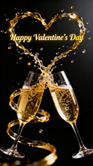 Happy Valentine&rsquo;s Day Champagne Toast with Golden Heart Splash on Black Background
